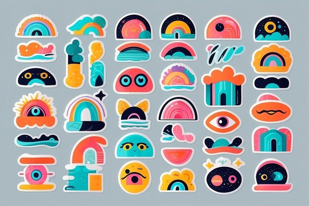 Photo naive playful abstract shapes sticker pack groovy circle oval rectangle arch eyes typography