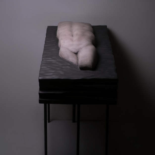 Photo a naked man is laying on a table with a gray wall behind it.