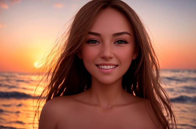 Naked woman on background of seascape Portrait of young female smiling on background of ocean sea at sunset Generative AI