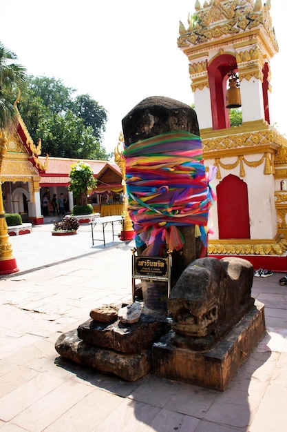 Nakhon phanom thailand october 2 stone pole at pagoda or stupa for thai travelers people travel visit and respect pray at wat phra that phanom temple on october 2 2019 in nakhon phanom thailand