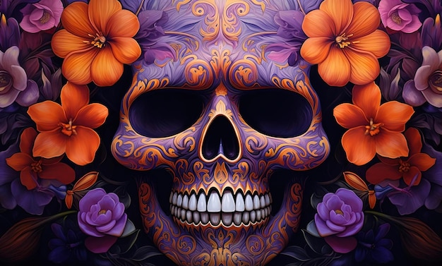 The name of the day of dead a painted skull with orange flowers in the style of light purple