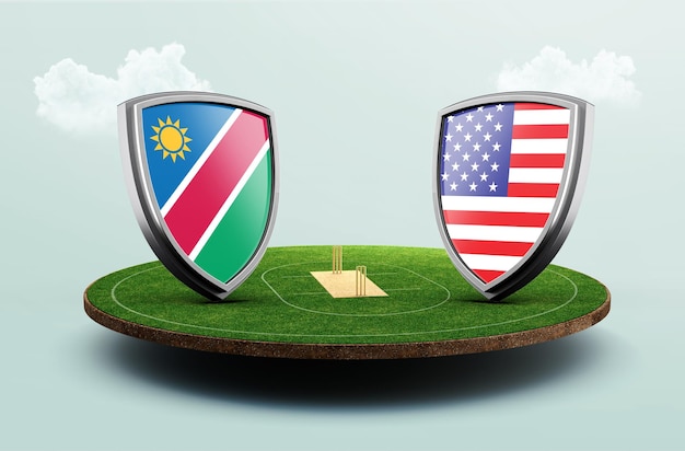 Namibia vs usa cricket flags with shield on cricket stadium 3d\
illustration