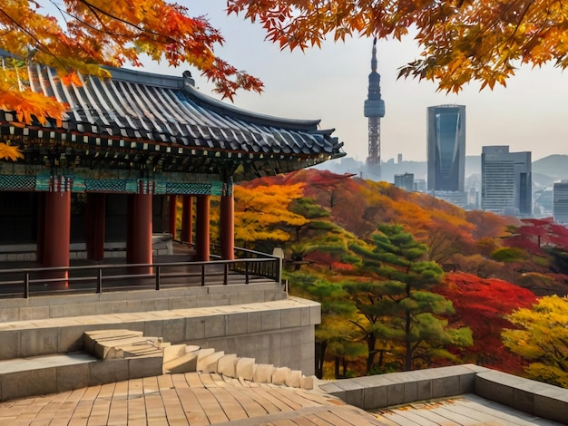 Foto namsan tower en paviljoen tijdens de herfstbladeren in seoul zuid-korea