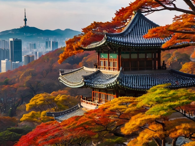 Namsan Tower and pavilion during the autumn leaves in Seoul South Korea