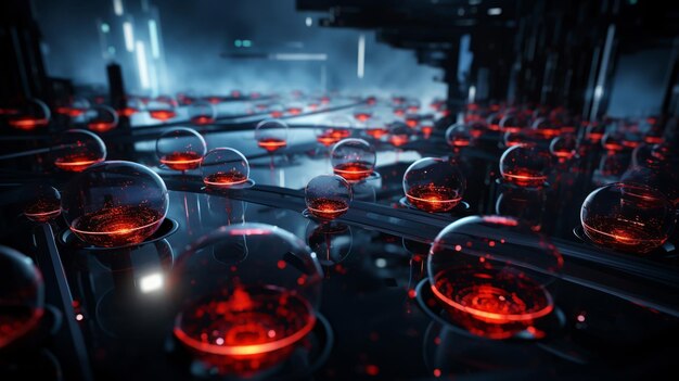 Nanorobot che navigano attraverso una vena tra i globuli rossi con un'interfaccia ad alta tecnologia.