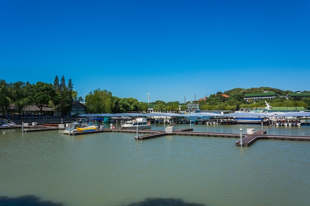 Nantou county taiwan june 1 2018 scenery of xuanguang pier\
where ferries stop for visiting xuanguang temple located on south\
side of sun moon lake