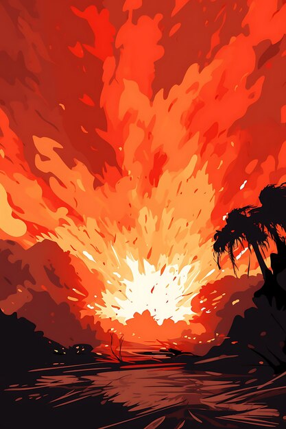Napalm explosion during an aerial attack fiery red and orang poster design 2d a4 creative ideas