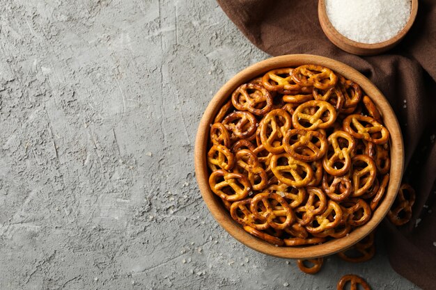 Napkin and bowl with cracker pretzels