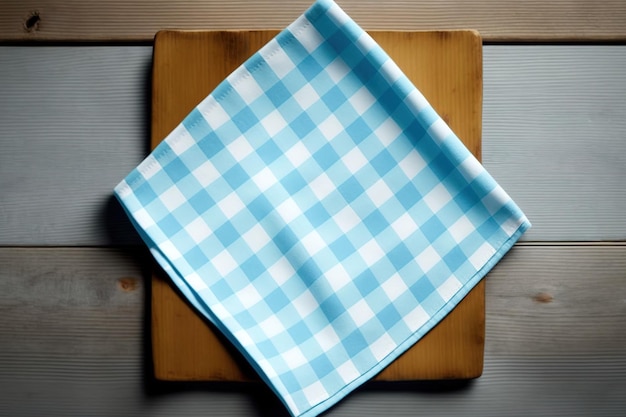 Napkin top view mockup on a wooden deck table with an empty tablecloth Background of a kitchen