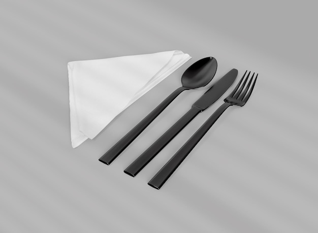 Napkin with Black Cutlery on Grey Background