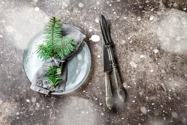 napkin with ring and Christmas tree branch, table setting in silver tone