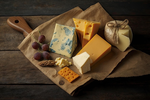 A napkin on a wooden table with different types of cheeses and crackers ready for a cheese board experience