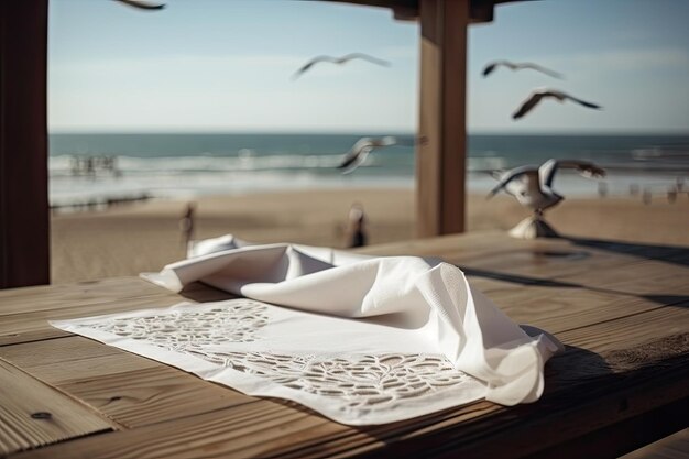 Napkin on a wooden table with a view of the beach surrounded by sand and seagulls