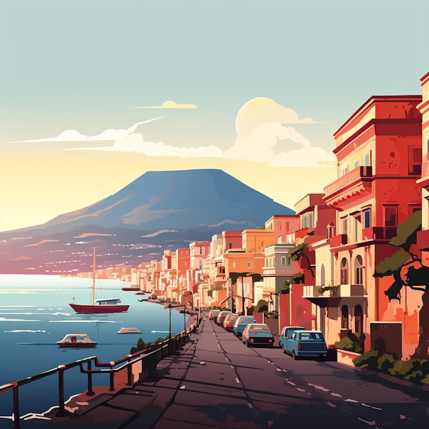 Неаполь Эссенция Живые улицы Гора Везувий и залив в минималистском дизайне