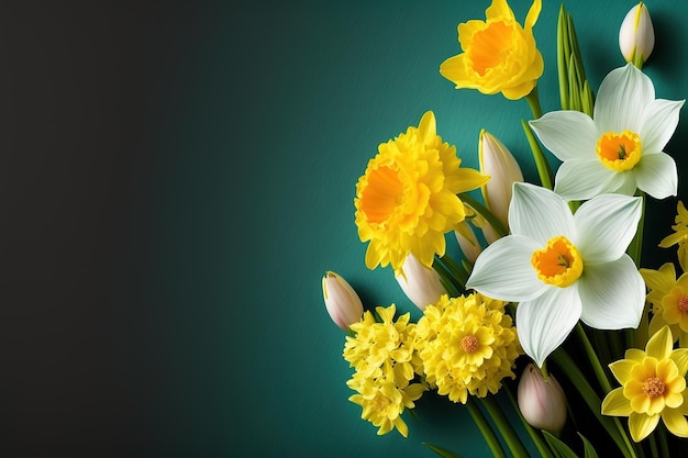 Narcissen en andere prachtige lentebloemen met lege ruimte voor tekstadvertenties