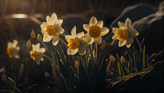 Narcissen in de tuin bij zonsondergang Lente flowersgeneratieve ai