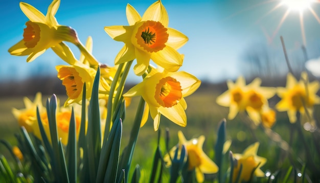 Narcissen in een veld waar de zon op schijnt