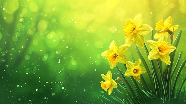 narcissen in zonneschijn bloemen in groene lente weide op wazige bokeh achtergrond
