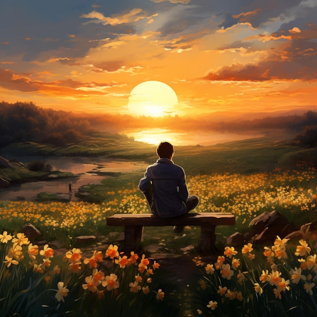 Нарцисс поле закат парень сидит на скамейке
