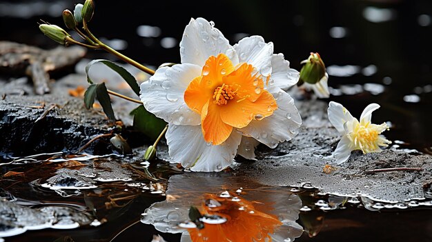 Photo narcissus flower reflecting in the mirror with petals