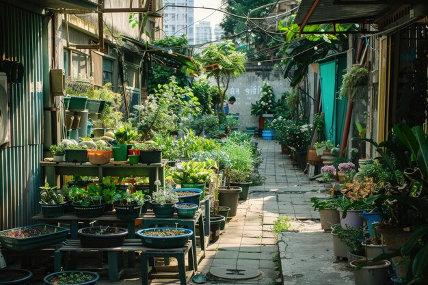 A narrow alley way filled with potted plants