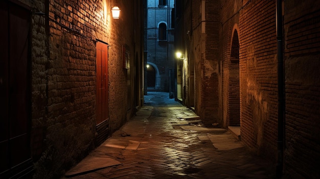 Photo narrow alley with brick walls at night