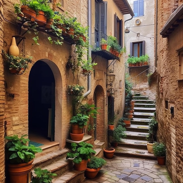 A narrow alley with plants on the steps and a door that says " potted plants ".