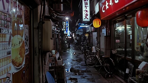 Photo a narrow alleyway in a city at night the street is wet from the rain and the neon lights of the shops and restaurants are reflected in the puddles