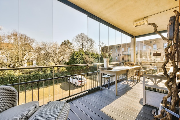 Narrow balcony with chair and door