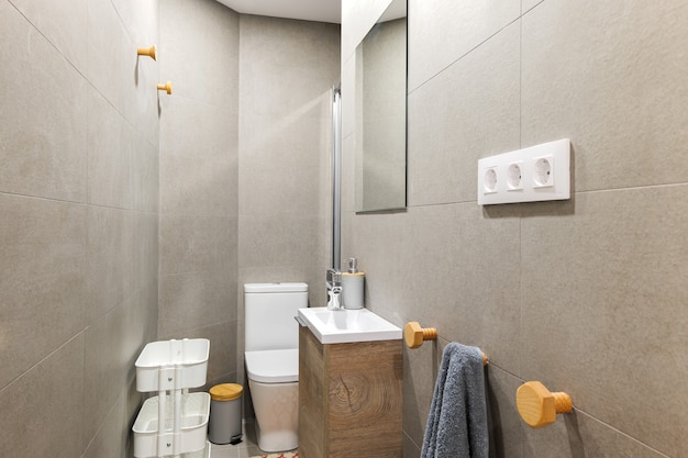 Narrow bathroom with toilet small washbasin decorated with gray\
tiles contemporary style interior af...