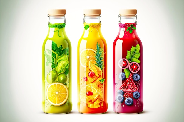 Narrow bottles with healthy detox juice with pieces of fruits and vegetables