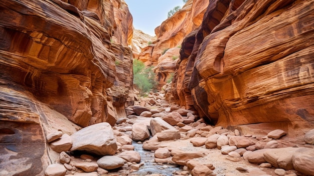 A narrow canyon with a river in the middle