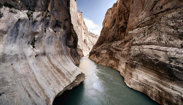 a narrow canyon with water flowing through it