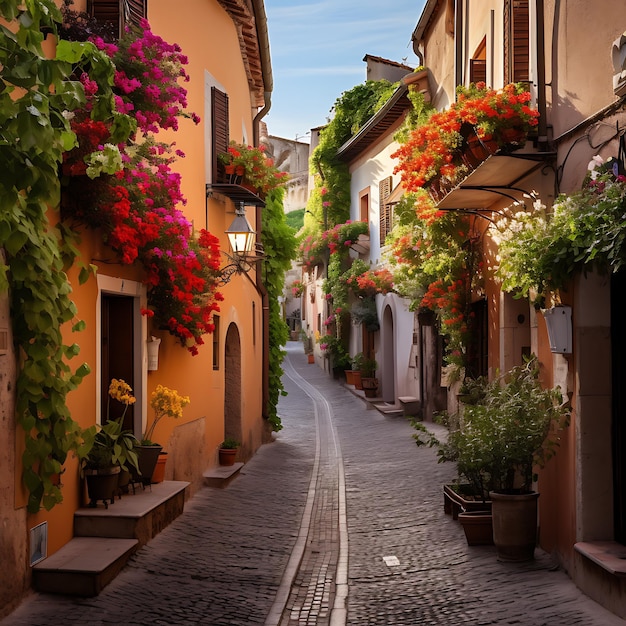 A narrow cobbled alley in a historic European town adorned with hanging flower baskets