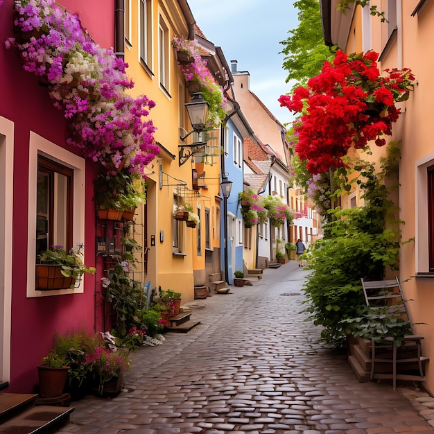 A narrow cobbled alley in a historic European town adorned with hanging flower baskets