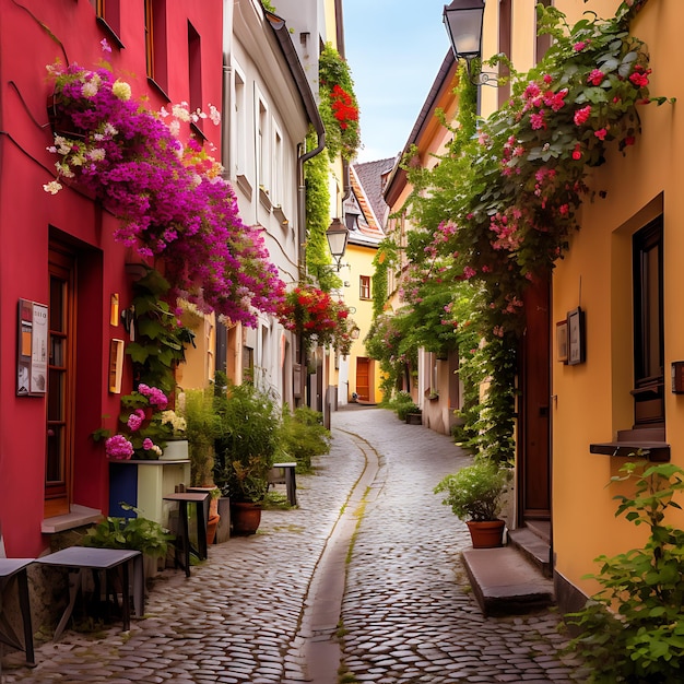 A narrow cobbled alley in a historic European town adorned with hanging flower baskets