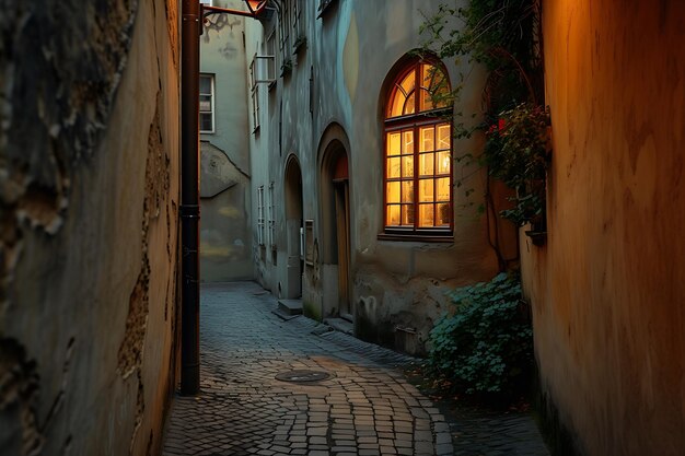 Photo narrow cobblestone street adorned