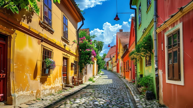 A narrow cobblestone street in a small European town The buildings are brightly colored and have flowers growing on them