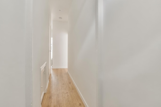 A narrow corridor leading inside the apartment in a white design with high ceilings and parquet floors