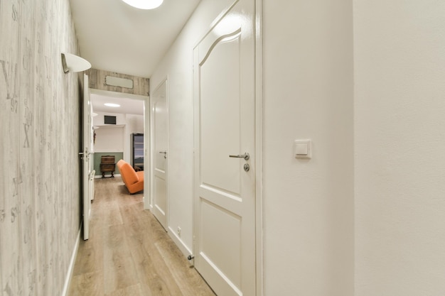 Narrow corridor with doors and lamp