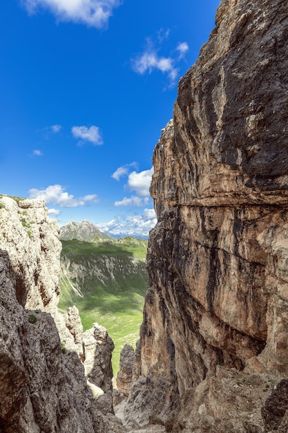 Narrow crevice in the Dolomites for climbing to the top of the mountain