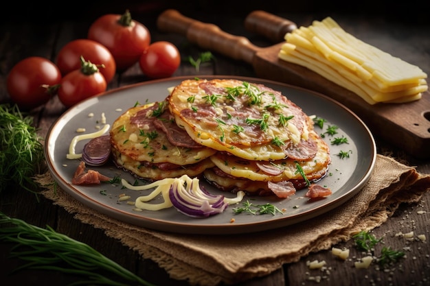 スライスしたソーセージオニオンとハーブを添えた細長いフライドポテトパンケーキ