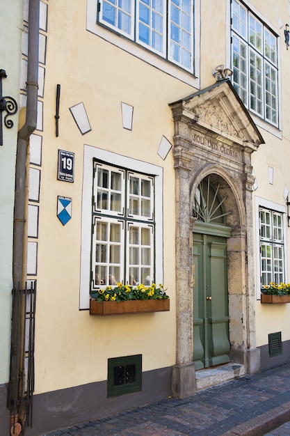 Narrow medieval street in the old town of Riga, Latvia.