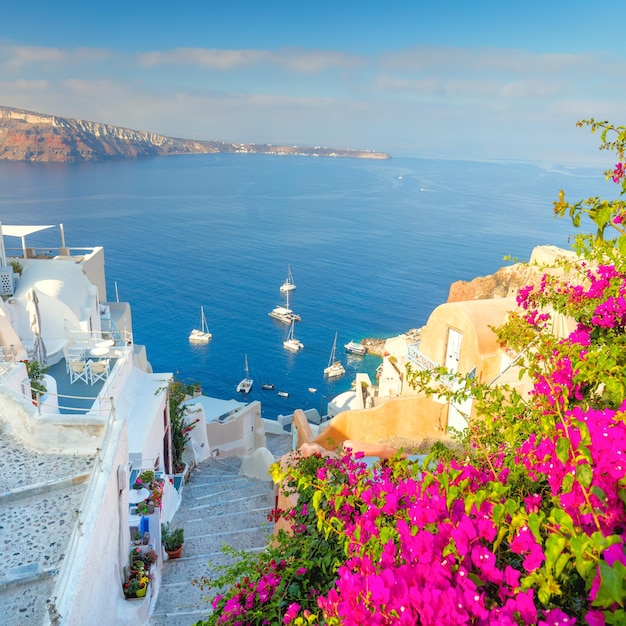 A narrow old street with flowers traditional Greek houses and a staircase to the sea Cozy and romantic small town Oia Santorini island Greece Europe