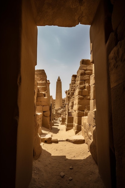 A narrow passage between the buildings of luxor and the egyptian pyramids.