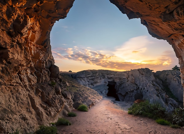 Narrow path going to a rocky cave beneath the stunning sky at sunset