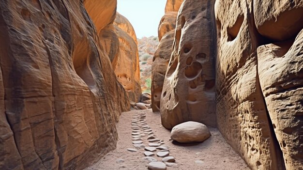 A narrow path leads through the canyon walls.