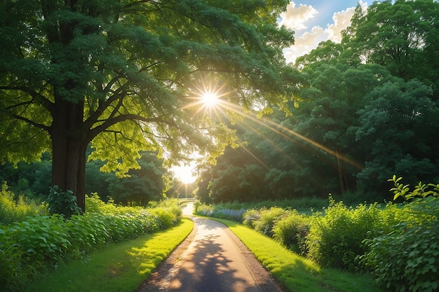 Narrow road in a green grassy field surrounded by green trees with the bright sun in the background