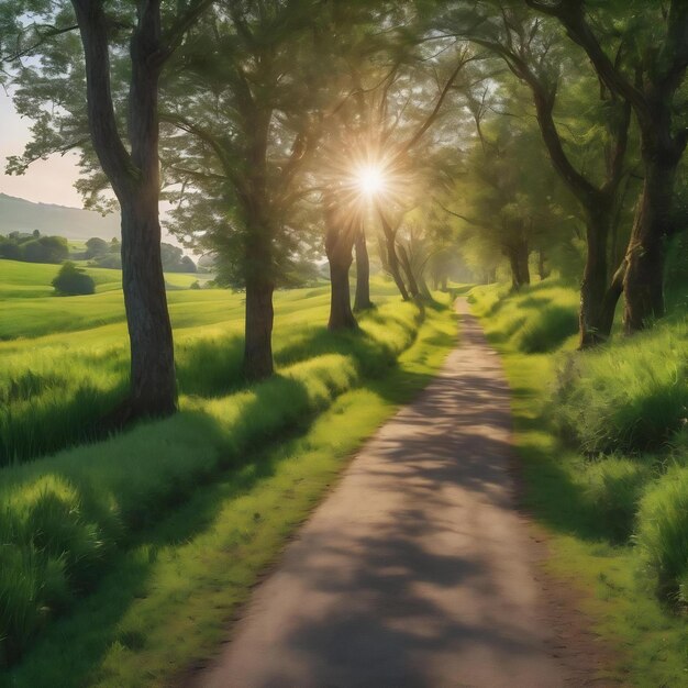 Narrow road in a green grassy field surrounded by green trees with the bright sun in the background