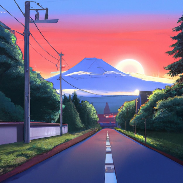 a narrow road leading to mount fuji in distance